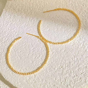 18k Solid Yellow Gold Flash Bead Larger Hoop Earrings